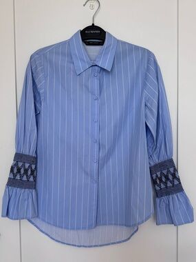 Zara Light Blue Pinstripe Button-Front Shirt with Smocked Cuffs